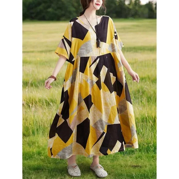 Women Plus Size Color Block Dress Geometric Print Casual Loose Fit - Picture 7 of 7